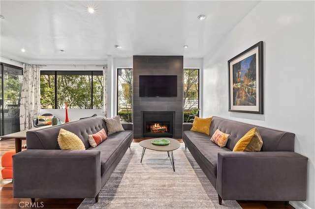 living area featuring a large fireplace, recessed lighting, and wood finished floors