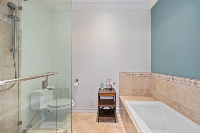 bathroom with tile patterned flooring, toilet, baseboards, a bath, and a shower stall