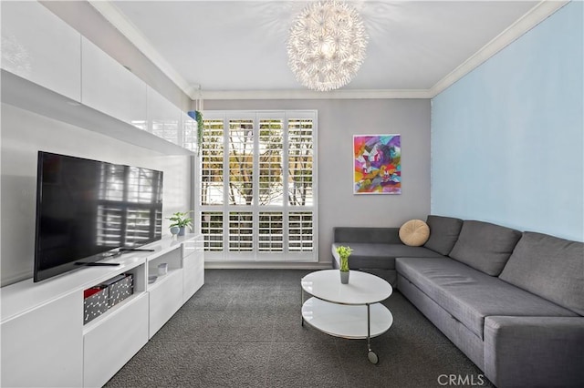 living room featuring crown molding, a chandelier, and dark colored carpet