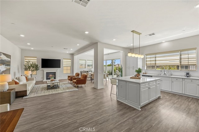 1776 Canyon Oaks Ln, Lake Forest, CA 92610 - kitchen featuring wood finished floors, a kitchen island, light countertops, a warm lit fireplace, and white cabinetry