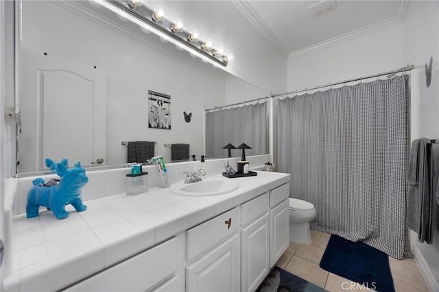 bathroom with crown molding, curtained shower, tile patterned floors, vanity, and toilet