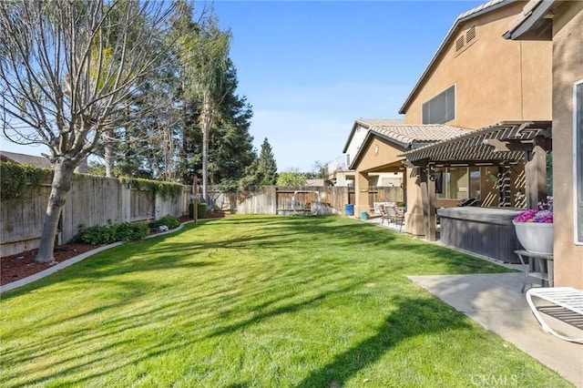 view of yard featuring a fenced backyard, a hot tub, a patio area, and a pergola