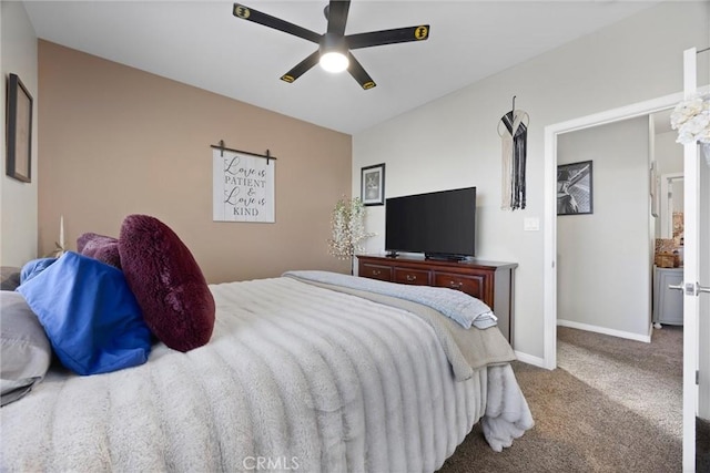 carpeted bedroom with baseboards and ceiling fan
