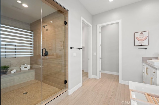 20526 W Overlook Ct, Porter Ranch, CA 91326 - full bathroom featuring a shower stall, vanity, baseboards, and recessed lighting
