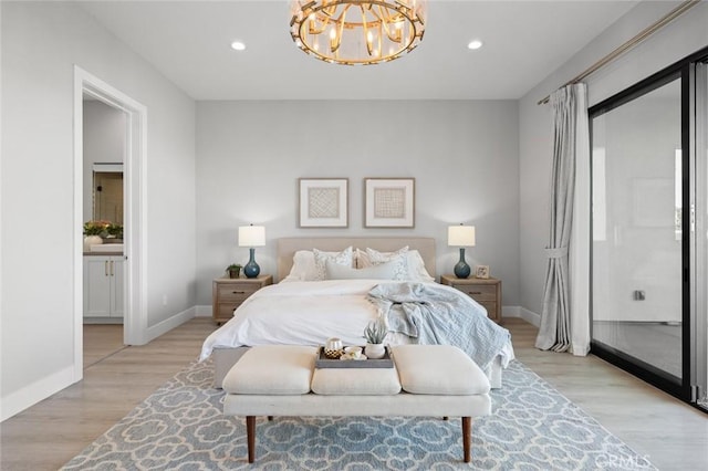 20526 W Overlook Ct, Porter Ranch, CA 91326 - bedroom featuring a chandelier, baseboards, light wood-style flooring, and recessed lighting