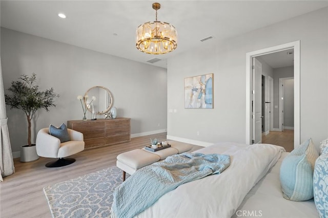 20526 W Overlook Ct, Porter Ranch, CA 91326 - bedroom featuring a chandelier, wood finished floors, baseboards, and recessed lighting