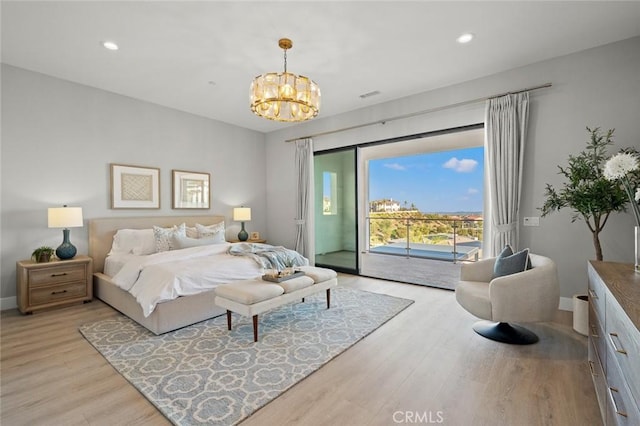 20526 W Overlook Ct, Porter Ranch, CA 91326 - bedroom featuring access to exterior, a chandelier, light wood-style floors, baseboards, and recessed lighting
