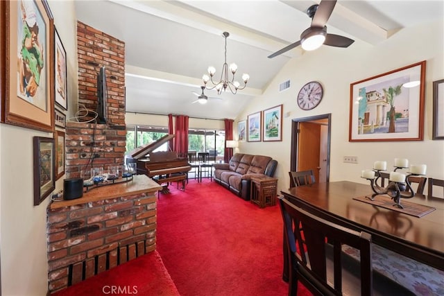 living area featuring carpet floors, visible vents, lofted ceiling with beams, and ceiling fan with notable chandelier