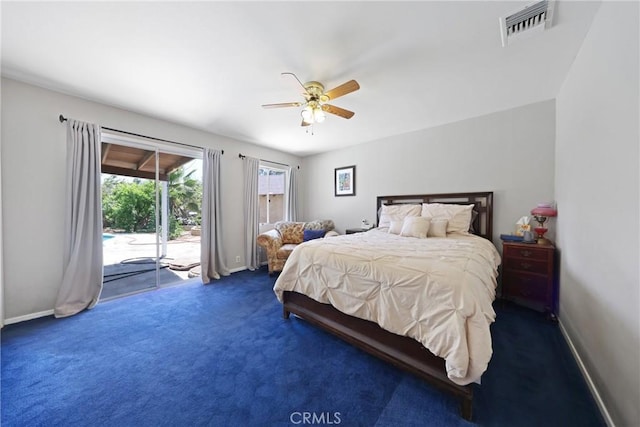 bedroom with visible vents, access to exterior, baseboards, ceiling fan, and carpet