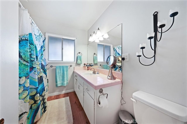 bathroom featuring toilet, curtained shower, wood finished floors, and vanity