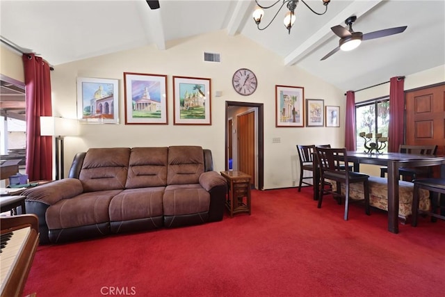 carpeted living room with visible vents, vaulted ceiling with beams, and ceiling fan with notable chandelier