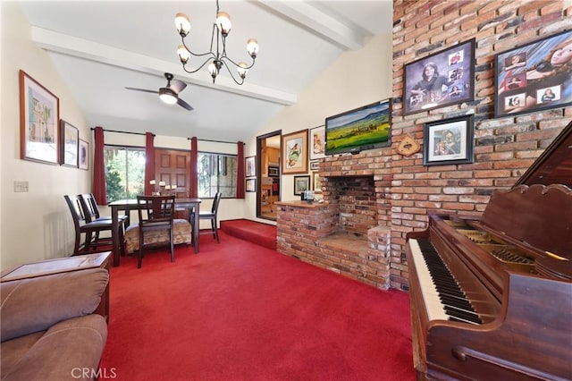 carpeted living room with lofted ceiling with beams, ceiling fan with notable chandelier, and a fireplace