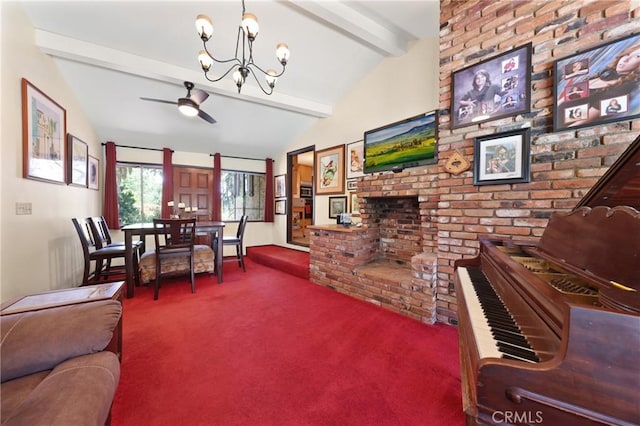 120 Franklin Ave, Redlands, CA 92373 - living area featuring carpet, a chandelier, a ceiling fan, and a brick fireplace