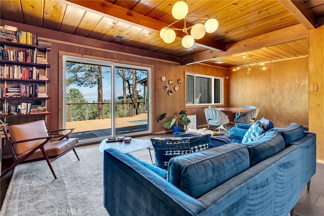 living room with a chandelier, wood walls, wooden ceiling, and beam ceiling