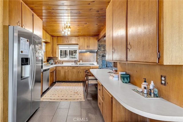 kitchen featuring light countertops, appliances with stainless steel finishes, extractor fan, and wooden ceiling