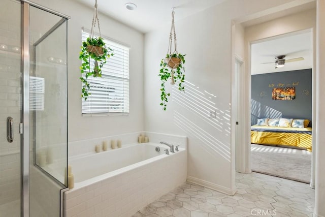 bathroom featuring ensuite bathroom, a bath, ceiling fan, and a stall shower