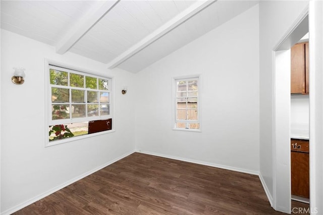 unfurnished room with baseboards, lofted ceiling with beams, dark wood-style flooring, and wood ceiling