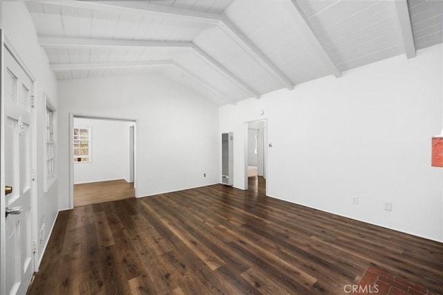 unfurnished living room with wooden ceiling, lofted ceiling with beams, and wood finished floors