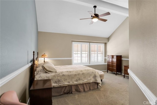 bedroom featuring a ceiling fan, baseboards, high vaulted ceiling, beamed ceiling, and carpet