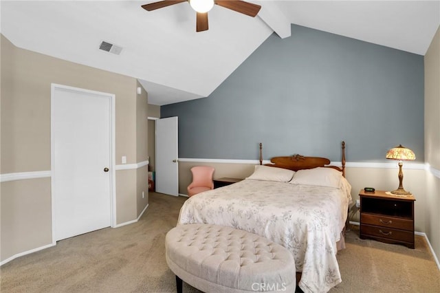 bedroom featuring ceiling fan, lofted ceiling with beams, carpet floors, baseboards, and visible vents