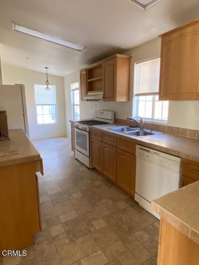 3621 Center St, Piru, CA 93040 - kitchen with plenty of natural light, a sink, open shelves, and white appliances