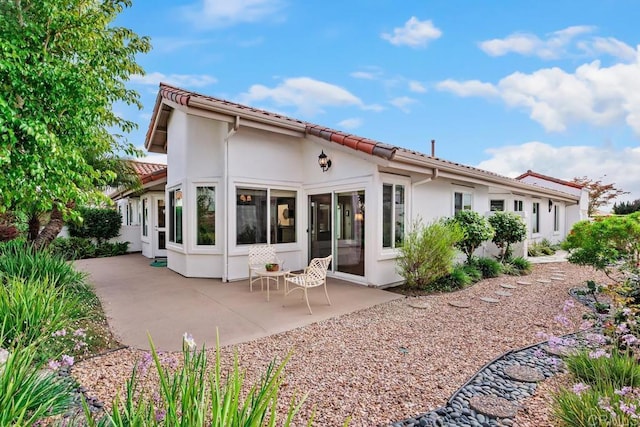 rear view of house with a tile roof, a patio area, and stucco siding