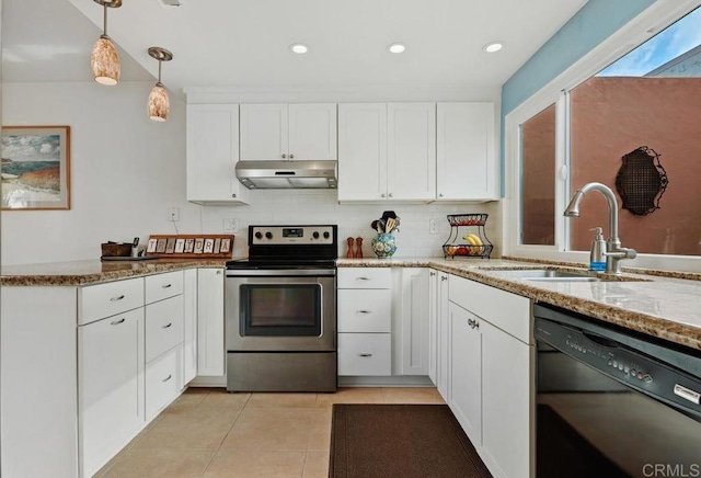 4078 Lemnos Way, Oceanside, CA 92056 - kitchen featuring electric range, black dishwasher, under cabinet range hood, white cabinetry, and light stone countertops
