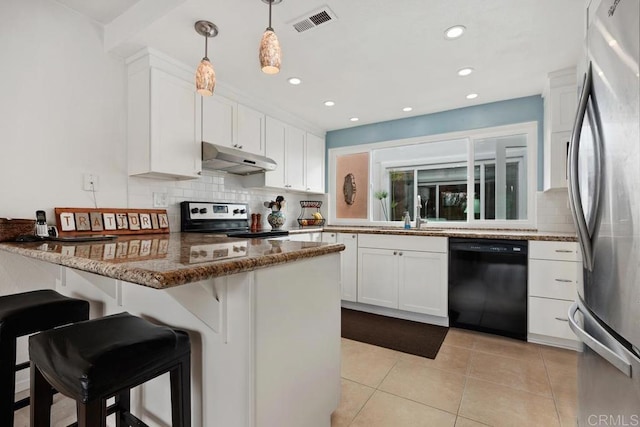 4078 Lemnos Way, Oceanside, CA 92056 - kitchen featuring dishwasher, freestanding refrigerator, under cabinet range hood, range with electric stovetop, and a peninsula