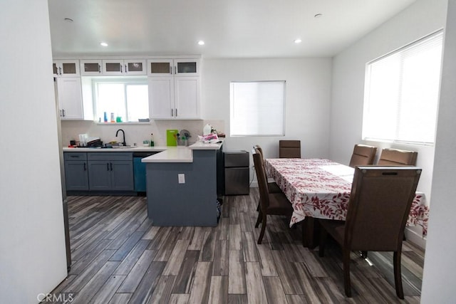 kitchen featuring a peninsula, glass insert cabinets, dark wood-type flooring, light countertops, and white cabinetry