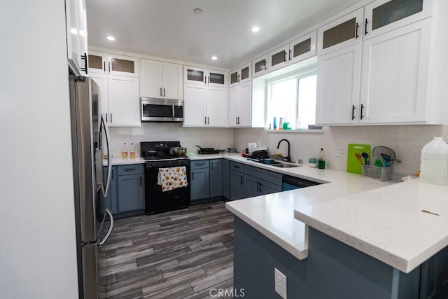 kitchen featuring a peninsula, wood finished floors, recessed lighting, a sink, and appliances with stainless steel finishes