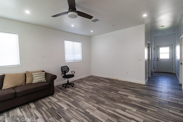 unfurnished living room with visible vents, recessed lighting, ceiling fan, and wood finished floors