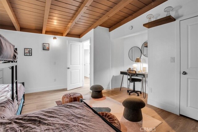 3737 Meriwether Rd Unit 29, Palms, CA 92277 - bedroom featuring light wood-type flooring, wood ceiling, baseboards, and vaulted ceiling with beams