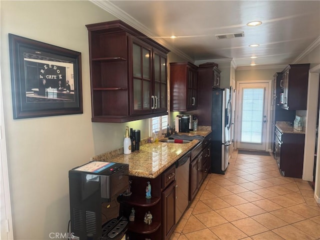 kitchen featuring visible vents, crown molding, open shelves, a sink, and stainless steel appliances