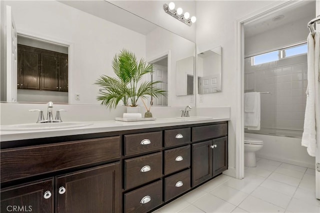 bathroom featuring a sink, tile patterned floors, toilet, and double vanity