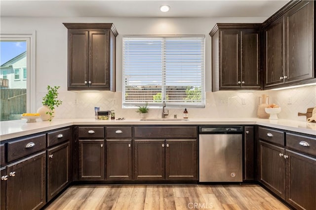 kitchen featuring stainless steel dishwasher, dark brown cabinetry, a wealth of natural light, and a sink