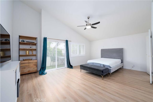 bedroom featuring access to exterior, light wood-style flooring, a ceiling fan, baseboards, and lofted ceiling