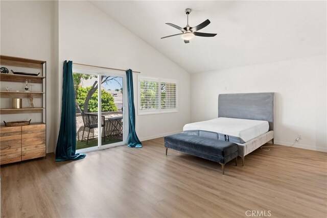 4321 Matilija Ave Unit 9, Sherman Oaks, CA 91423 - bedroom featuring access to exterior, wood finished floors, a ceiling fan, and high vaulted ceiling