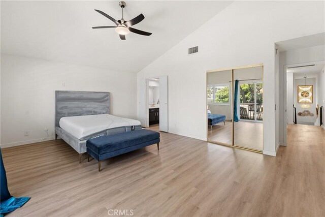 4321 Matilija Ave Unit 9, Sherman Oaks, CA 91423 - bedroom with light wood-style floors, high vaulted ceiling, a closet, a ceiling fan, and connected bathroom