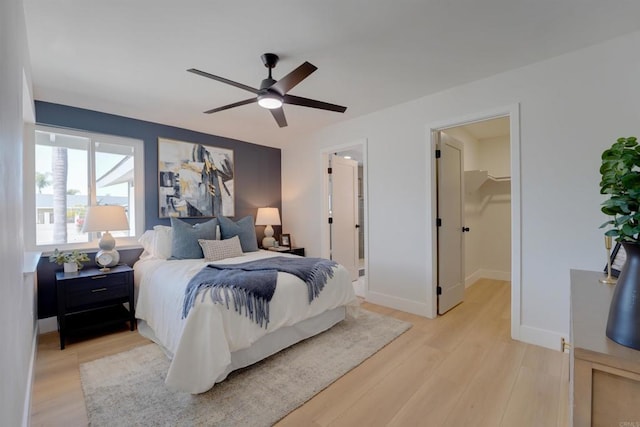 bedroom featuring a walk in closet, baseboards, light wood finished floors, and ceiling fan