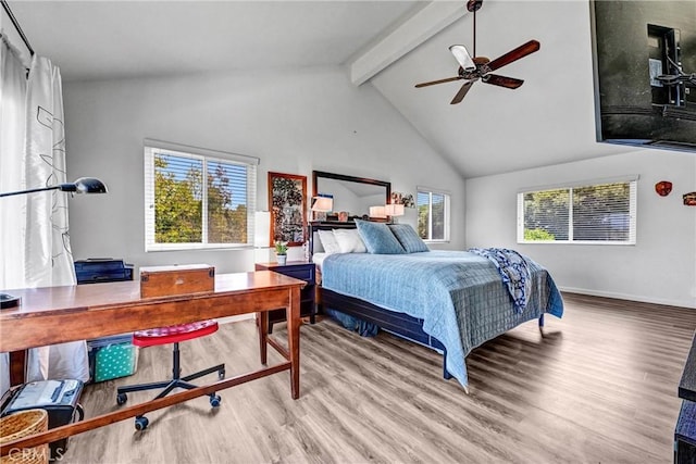 bedroom with a ceiling fan, beam ceiling, wood finished floors, high vaulted ceiling, and baseboards