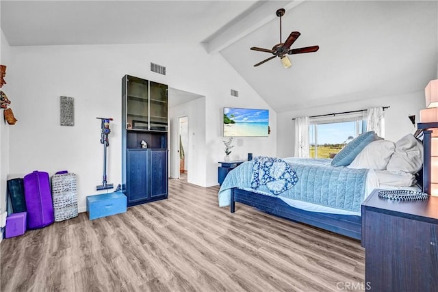 bedroom featuring beam ceiling, high vaulted ceiling, baseboards, wood finished floors, and visible vents