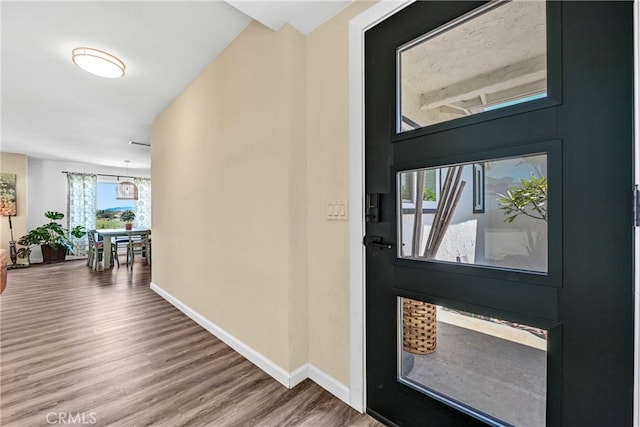 foyer entrance with baseboards and wood finished floors