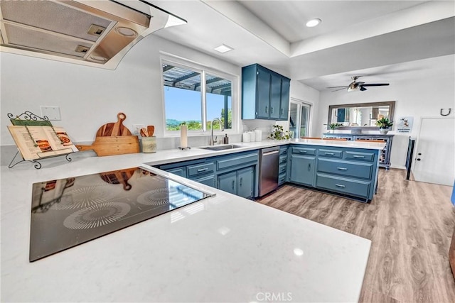 kitchen with stainless steel dishwasher, blue cabinets, a sink, and under cabinet range hood