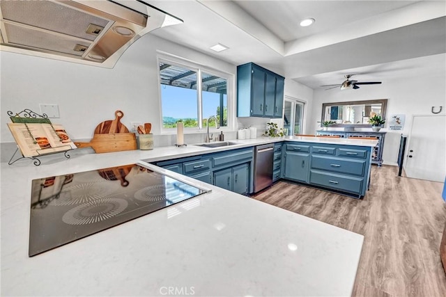 1864 Winterwarm Dr, Fallbrook, CA 92028 - kitchen with blue cabinets, a sink, range hood, stainless steel dishwasher, and recessed lighting