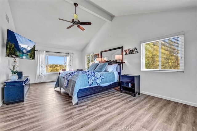 bedroom featuring visible vents, wood finished floors, baseboards, high vaulted ceiling, and beamed ceiling