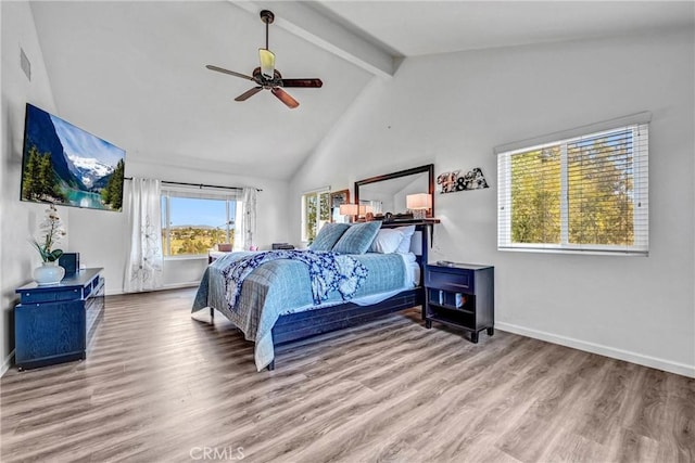 1864 Winterwarm Dr, Fallbrook, CA 92028 - bedroom with beamed ceiling, wood finished floors, baseboards, high vaulted ceiling, and a ceiling fan