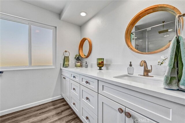 1864 Winterwarm Dr, Fallbrook, CA 92028 - bathroom with double vanity, a shower stall, wood finished floors, and healthy amount of natural light