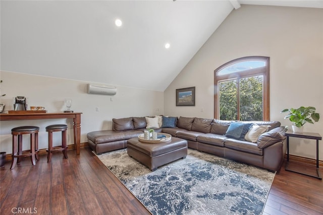 living room featuring hardwood / wood-style floors, baseboards, a wall mounted air conditioner, high vaulted ceiling, and recessed lighting