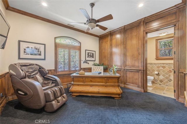 office area featuring crown molding, carpet, and wainscoting