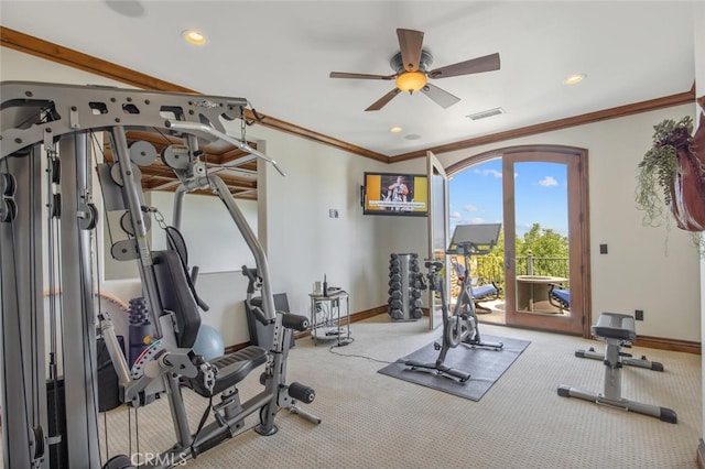 workout area with a ceiling fan, visible vents, baseboards, carpet floors, and recessed lighting